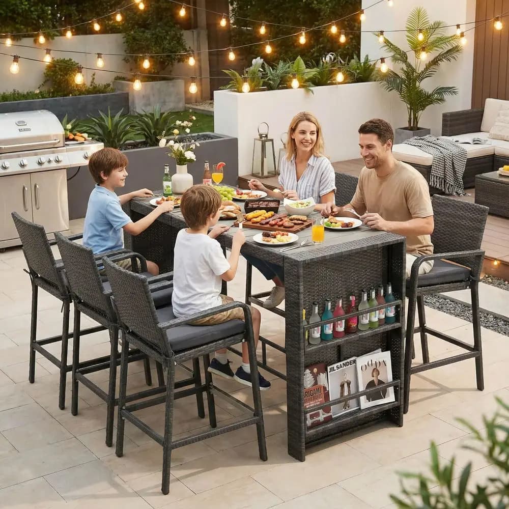 Set da Bar per Esterni a 7 Pezzi, Tavolo Alto in Vimini con 6 Sedie Imbottite e Doppie Ripiani Nascosti, Bancone in Rattan