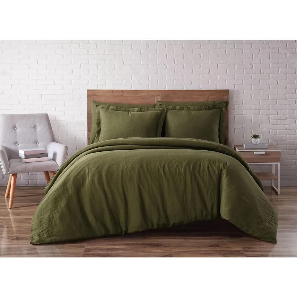 Set copripiumino in lino verde oliva, 3 pezzi full/queen size, unisex, certificato ecologico