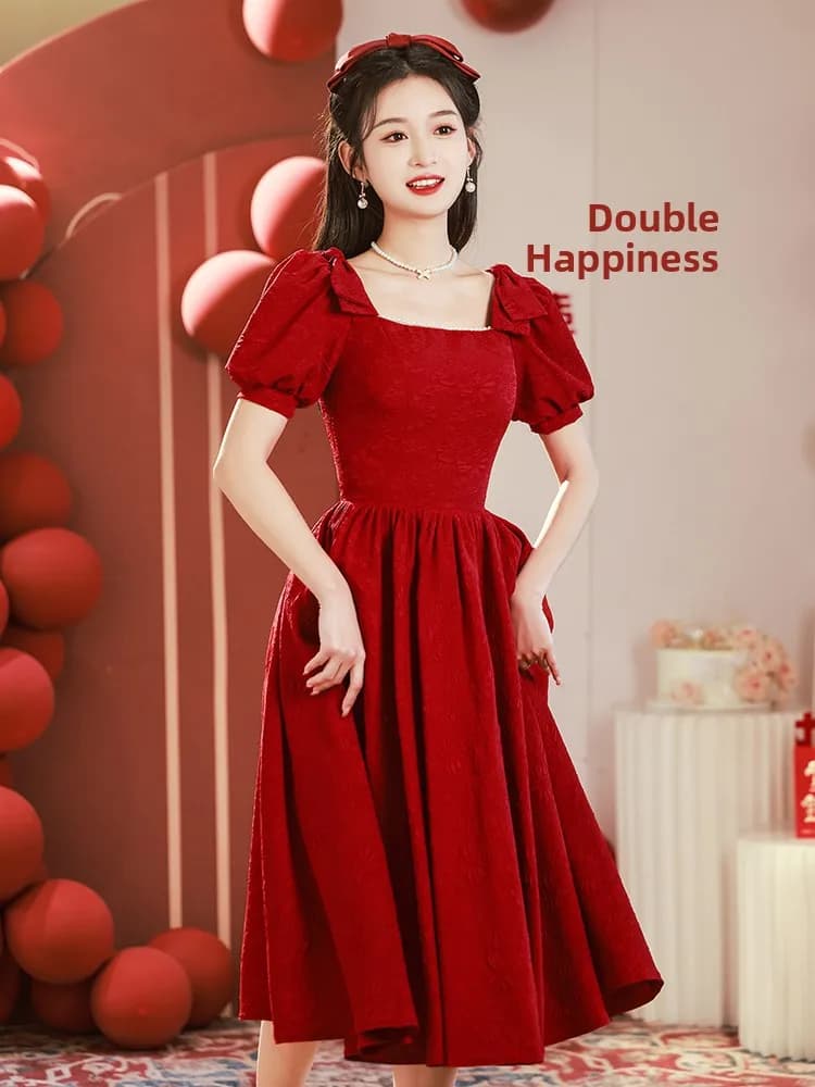 Abito da sposa rosso da donna, stile estivo, per feste di fidanzamento, gonna a trapezio, stile dolce, vita media, maniche a palloncino, cerniera posteriore