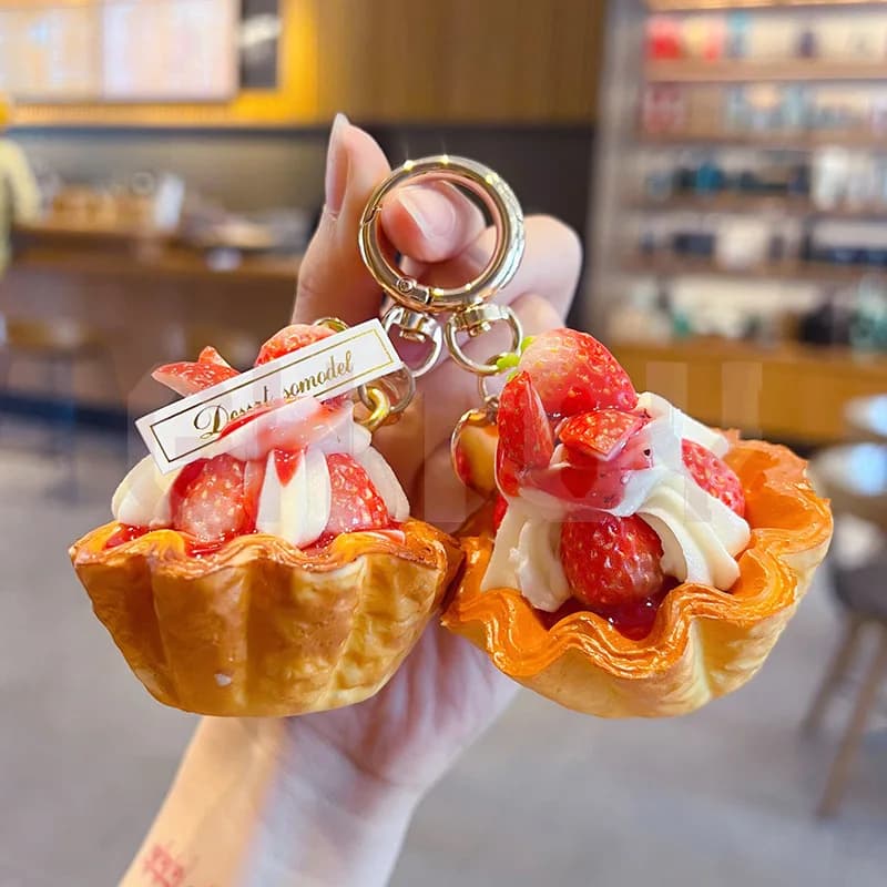 Creative PU Strawberry Egg Tart Keychain Realistic Dessert Bag Charm Ice Cream Key Ring Backpack Pendant Car Accessory Gift