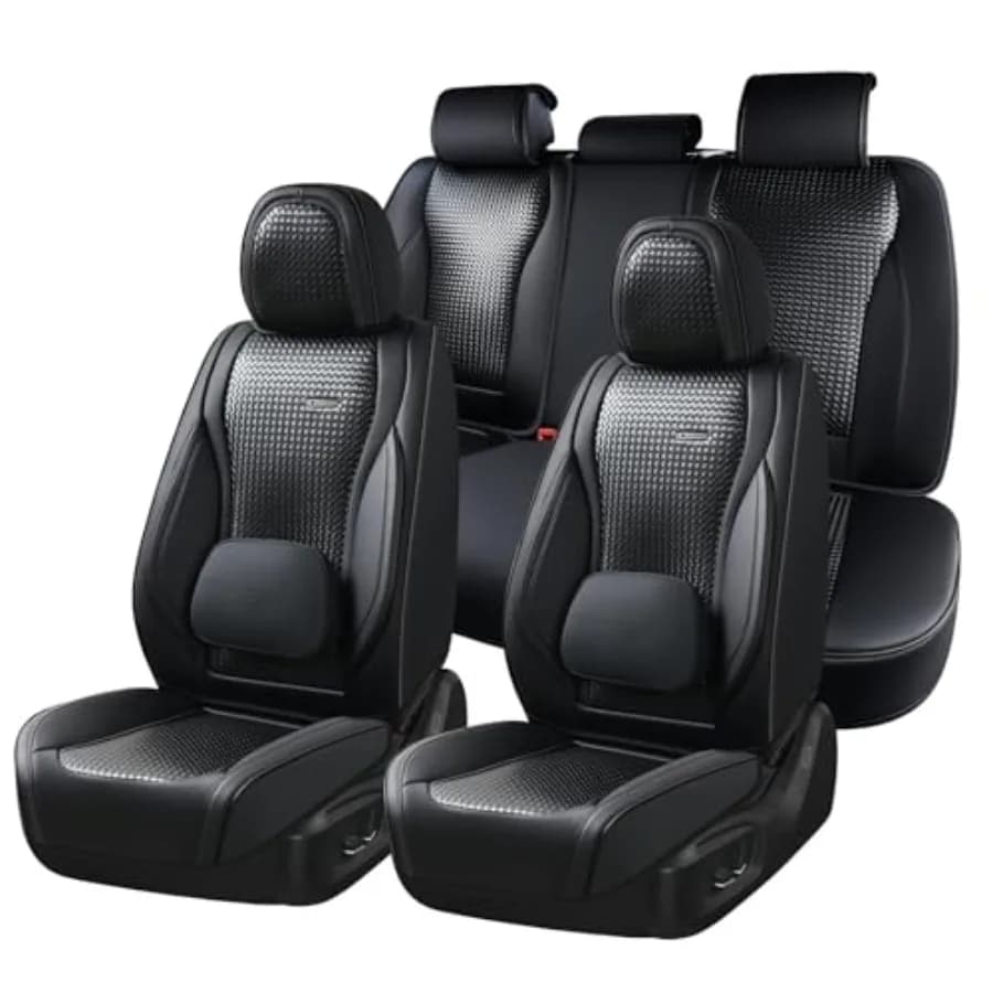Coprisedili Auto Completi Neri Impermeabili in Pelle Nappa con Supporto Lombare e Cuscino Poggiatesta - Protezioni Universali per Sedili Auto