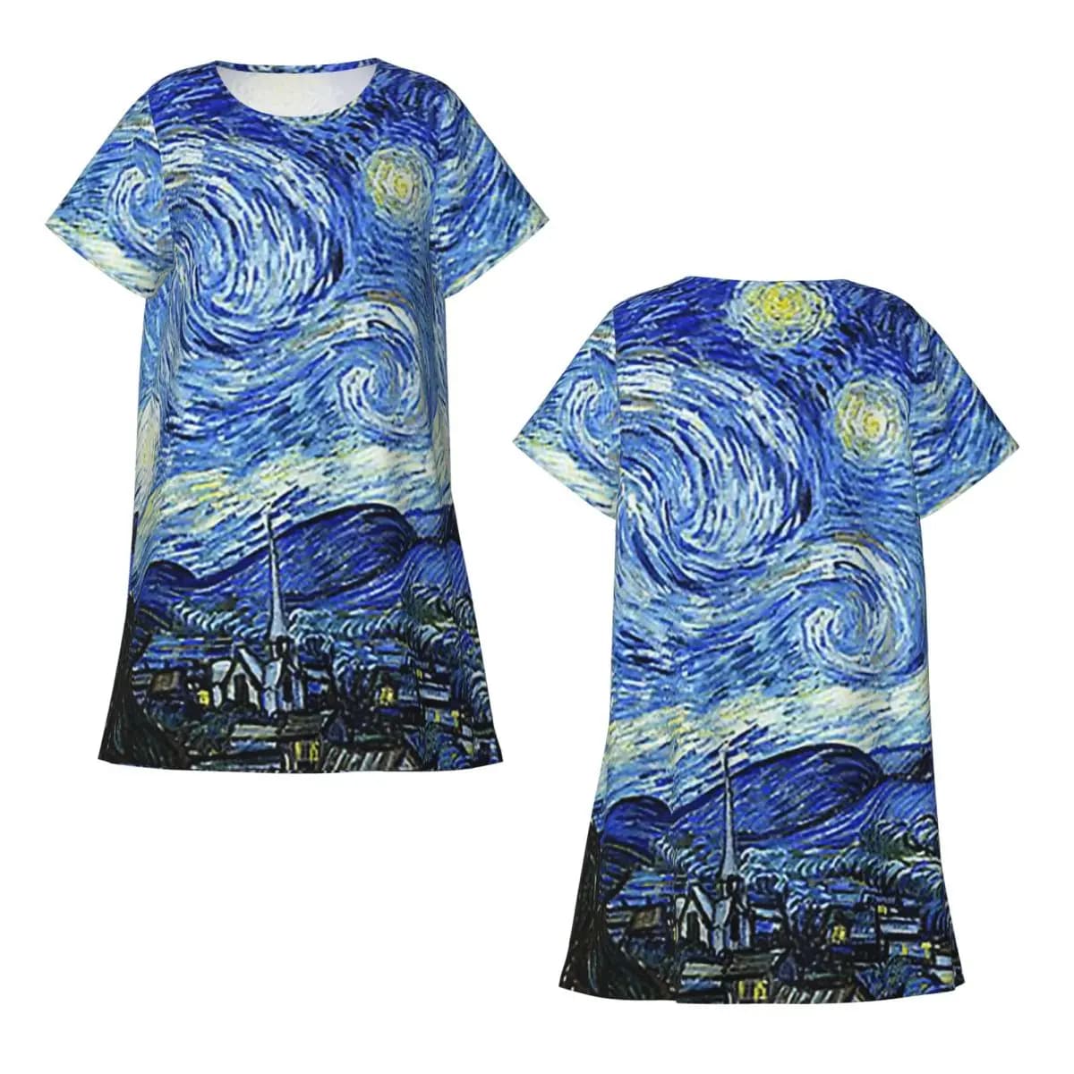 Custom Vincent Van Gogh Starry Night Short Sleeves Nightdress For Sleepshirts Women Short Sleeve Nightgowns Soft Pajama Dress