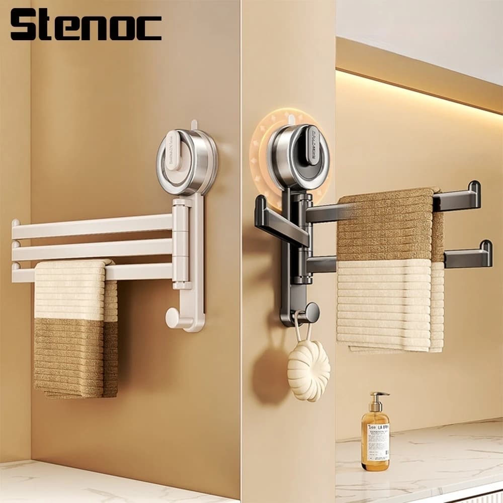 Portasciugamani Girevole da Bagno a Ventosa Grigio/Bianco Senza Foratura, Stendino Pieghevole Multibarra da Parete