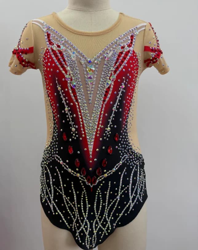 Splendido Body da Ginnastica con Sfumatura Rosso-Nero e Strass, Manica Corta in Rete, per Competizioni di Pattinaggio Artistico, Abito da Esibizione per Ragazze