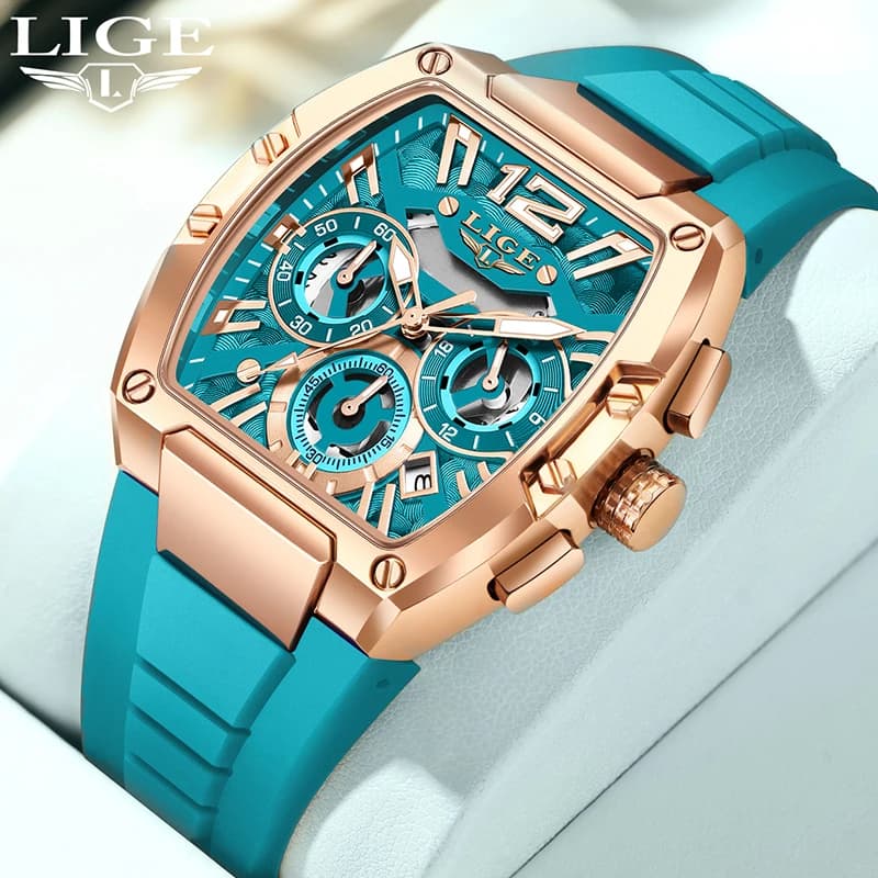 LIGE Men's Creative Square Quartz Wrist Watch Military Silicone Waterproof Military Fashion Outdoor Sports Chronograph With Date
