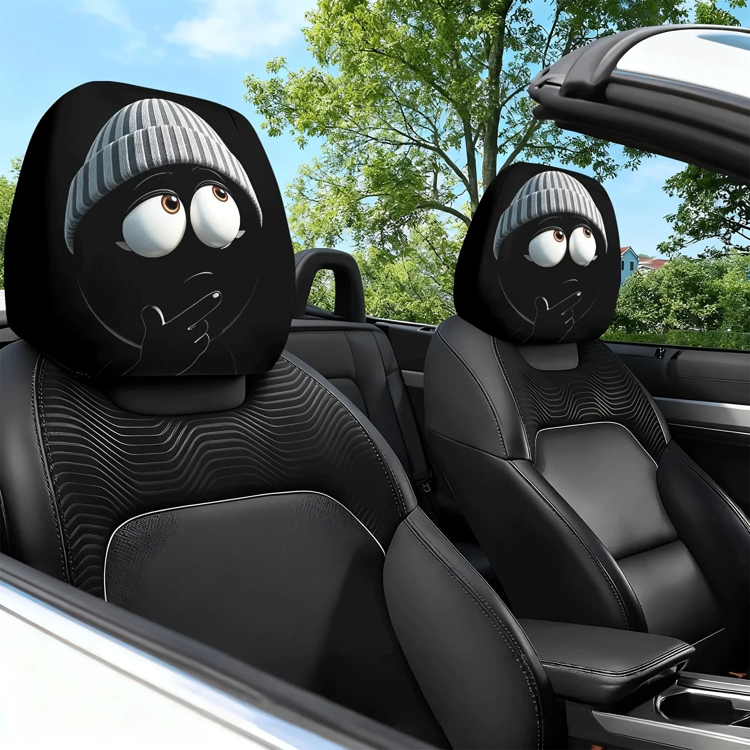 2 Pezzi Copricuscino Poggiatesta Auto con Stampa Tema Ombra Nera Misteriosa e Occhi Grandi - Design Carino - Accessori Auto