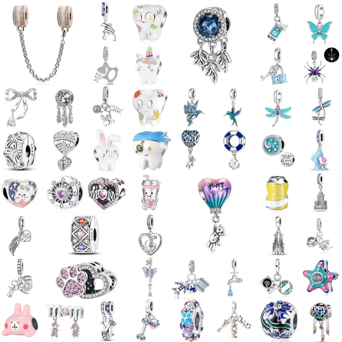 Fashion 925 Silver Cute Teeth, Hot Air Balloon Bear, Dreamcatcher Pendant,Suitable for Original Bracelet DIY Jewelry Accessories