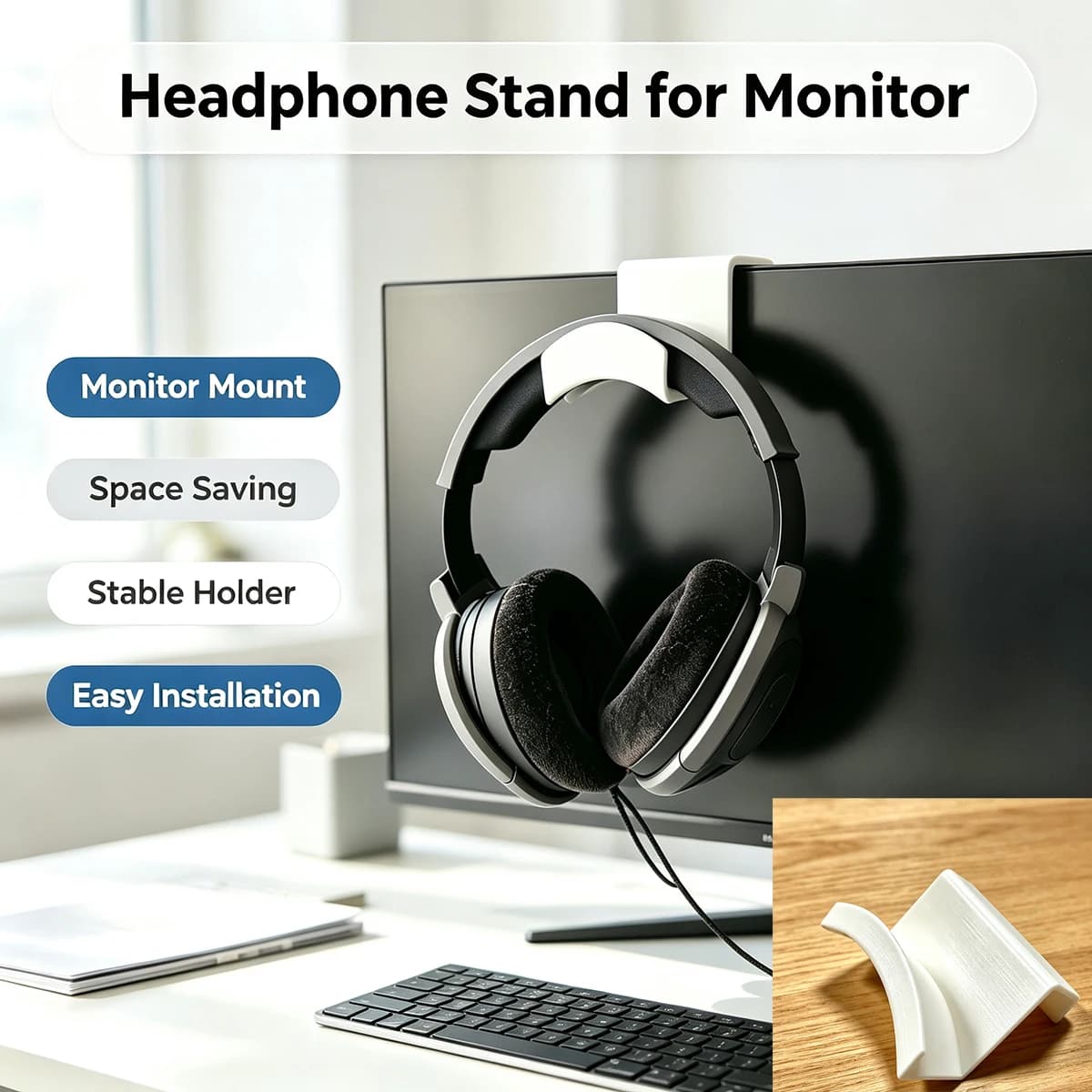 Monitor-Mounted Headphone Stand, No-Drill Headphone Hook, Desktop Space-Saving Headphone Organizer, Office and Gaming Headphone Holder