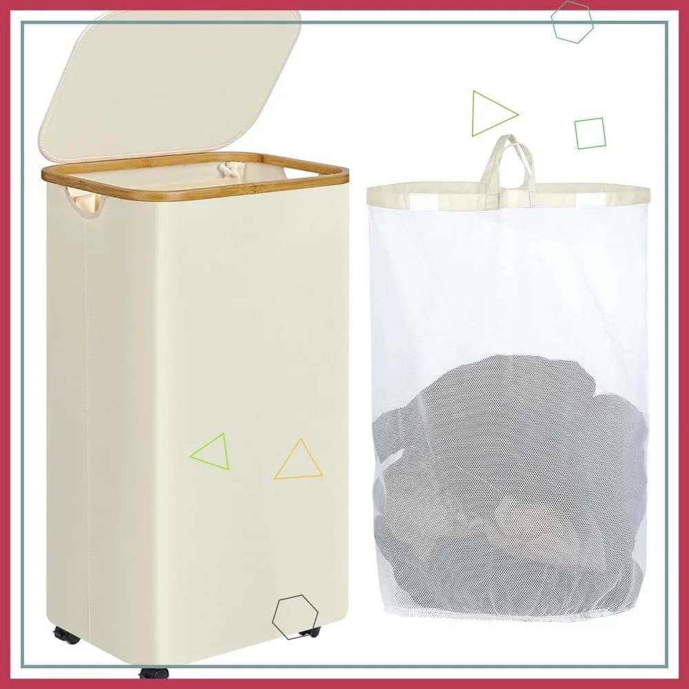 Basket with 110 litre wheels with lid and inner bag, folding basket for storing the dorm