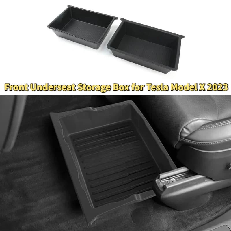 Vano portaoggetti anteriore sotto il sedile per Tesla Model X 2023, accessori interni auto, cassetto scorrevole a scomparsa in TPE, vassoio organizer nascosto