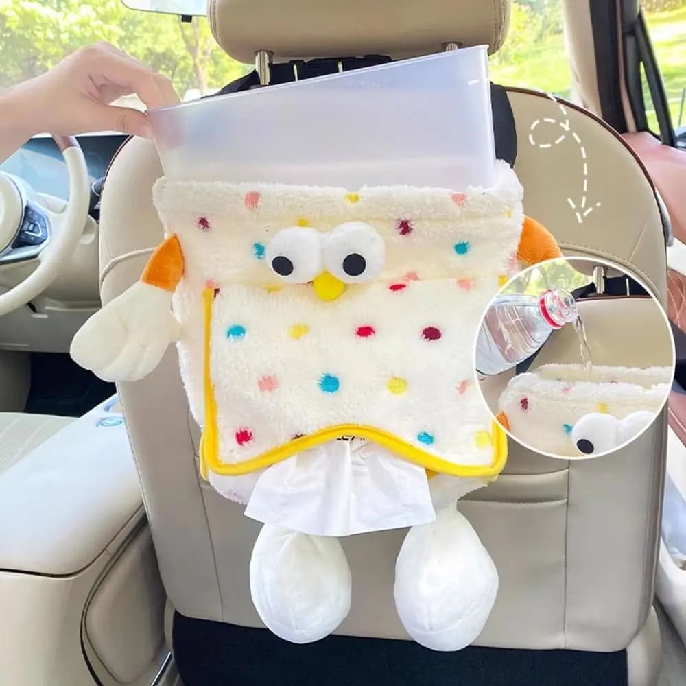 Scatola per fazzoletti montata su auto 2 in 1, borsa portaoggetti per schienale del sedile automatico in peluche, creativa con secchio in plastica, cestino per la spazzatura del veicolo