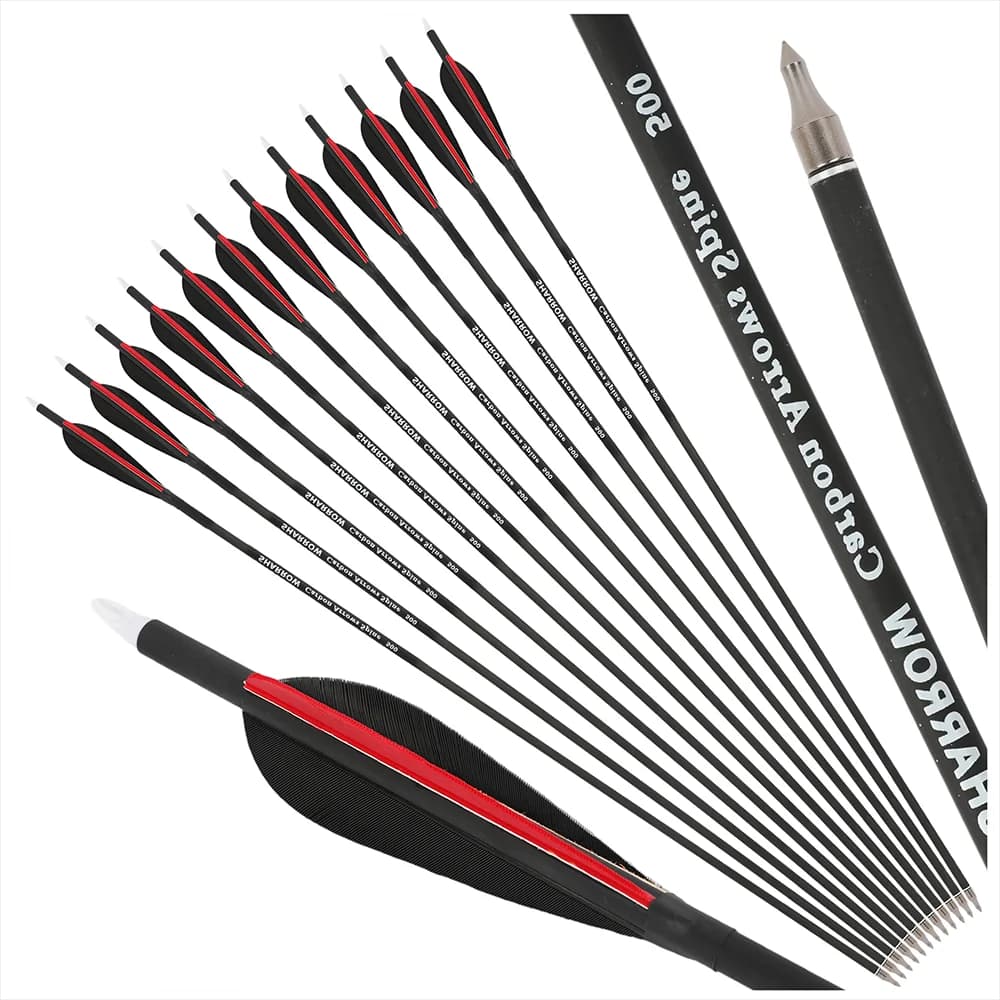 6/12 Pezzi Frecce in Carbonio da 30 Pollici Spine 500 con Piume di Tacchino da 4 Pollici, Punte Rimovibili da 100 Grani, ID 6.2mm OD 7.8mm per Arco Compound e Ricurvo