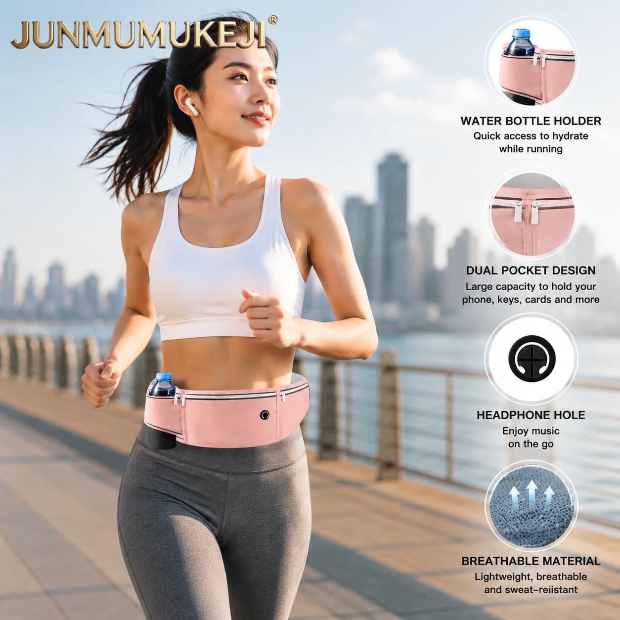 Running Waist Pack with Water Bottle Holder Adjustable Sports Belt Bag for Phone & Keys Dual Pocket Headphone Hole Breathable