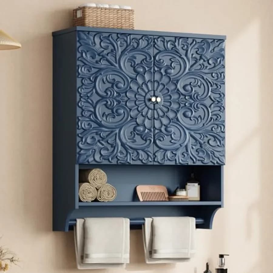 24" Medicine Cabinet with Carved Floral Doors, Wall Mounted Bathroom Cabinet with Towel Bar, Waterproof Molded Construction, So