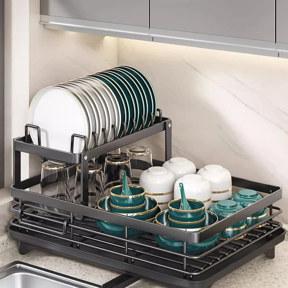 Popolare Scolapiatti da Cucina Regolabile in Acciaio a 2 Livelli, Organizzatore per Piatti e Ciotole, Porta Utensili da Cucina