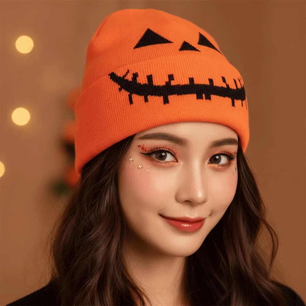 Knitted Fabric Pumpkin Beanie Hat Soft Texture Pumpkin Orange Halloween Knitted Cap Lightweight Breathable Hip Hop Skullcap
