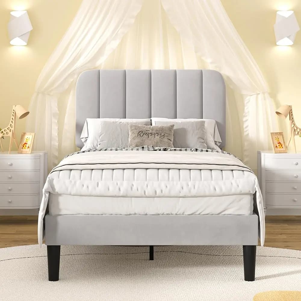 VECELO Single bed structure with upholstered headboard, velvet platform bed base, solid wood frame with slats