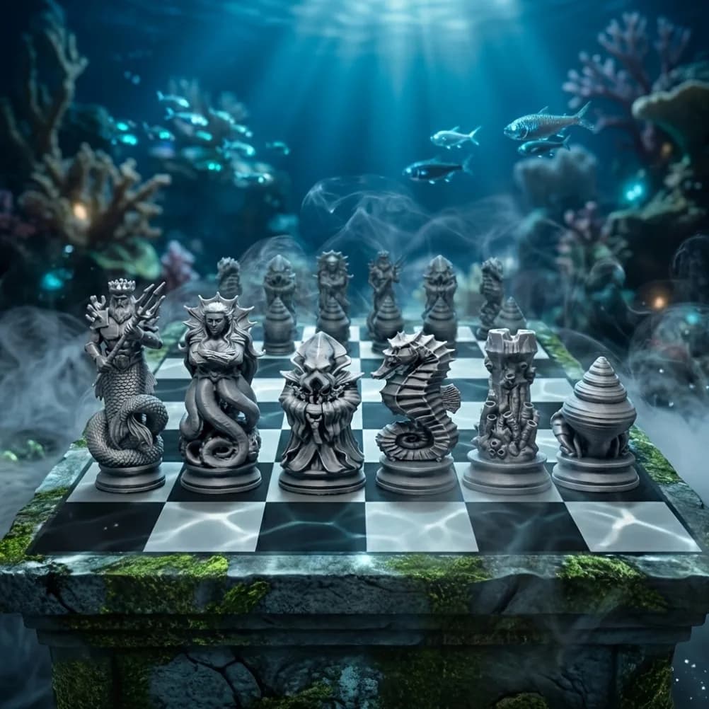 16Pcs Deep Sea Themed Chess Pieces Set 3D Printed Ocean Myth Figurines Coral Chess Ornaments for Tabletop Game & Desk Display