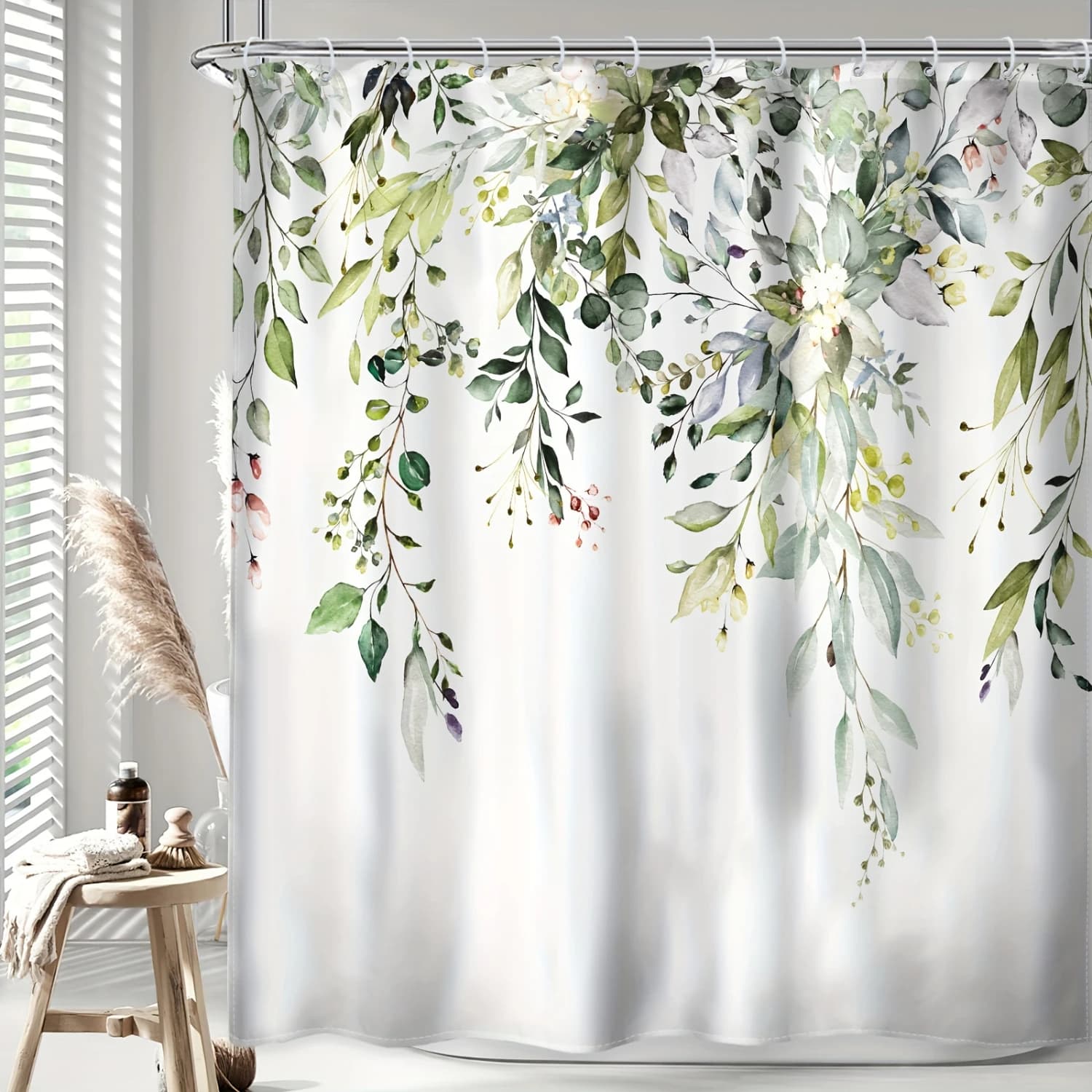 Tenda da doccia con foglie di eucalipto verde salvia - Stampa floreale ad acquerello, Decorazione da bagno impermeabile con 12 ganci in plastica, 72x72 pollici