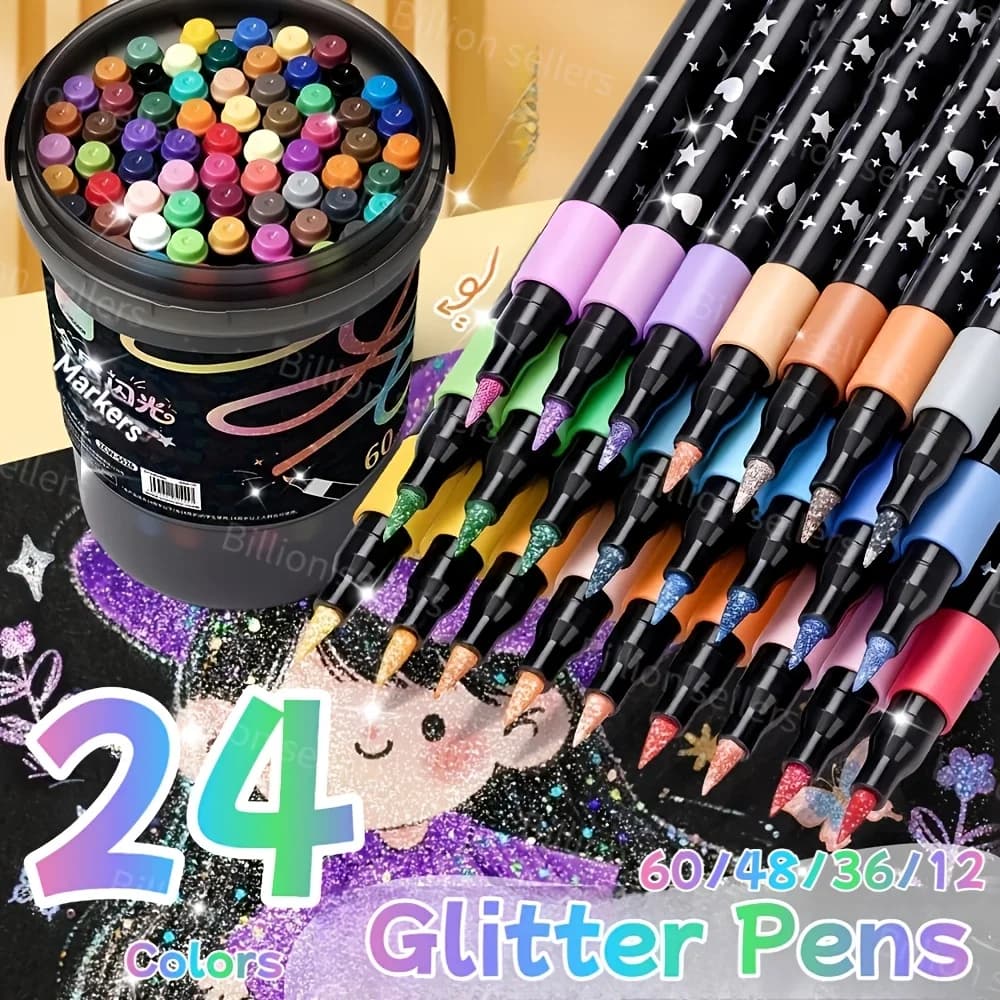 60/48/36/24/12 Color Glitter Markers Set - Water-Based Acrylic Glitter Pens for Student Art, Scrapbooking & Stationery