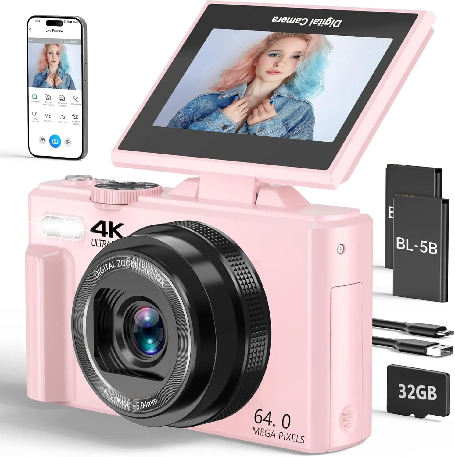 Videocamera 4K per Vlogging con Schermo Ribaltabile, 64MP per Fotografia e YouTube, Zoom 18X, Include Scheda SD da 32GB per Principianti