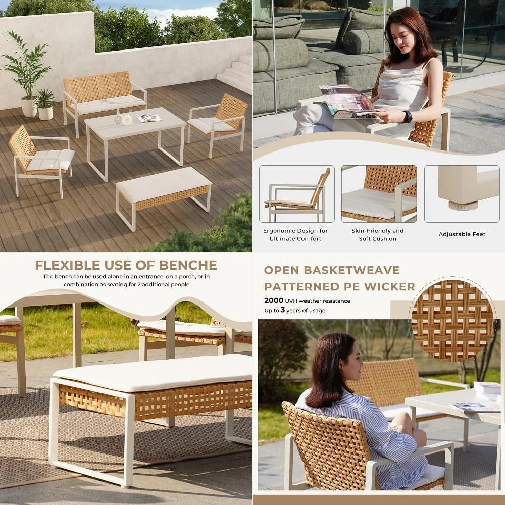 Set da pranzo da esterno in vimini da 5 pezzi, tavolo da pranzo da patio per 6 persone con cuscini, mobili da esterno moderni in metallo, divanetto e sedia