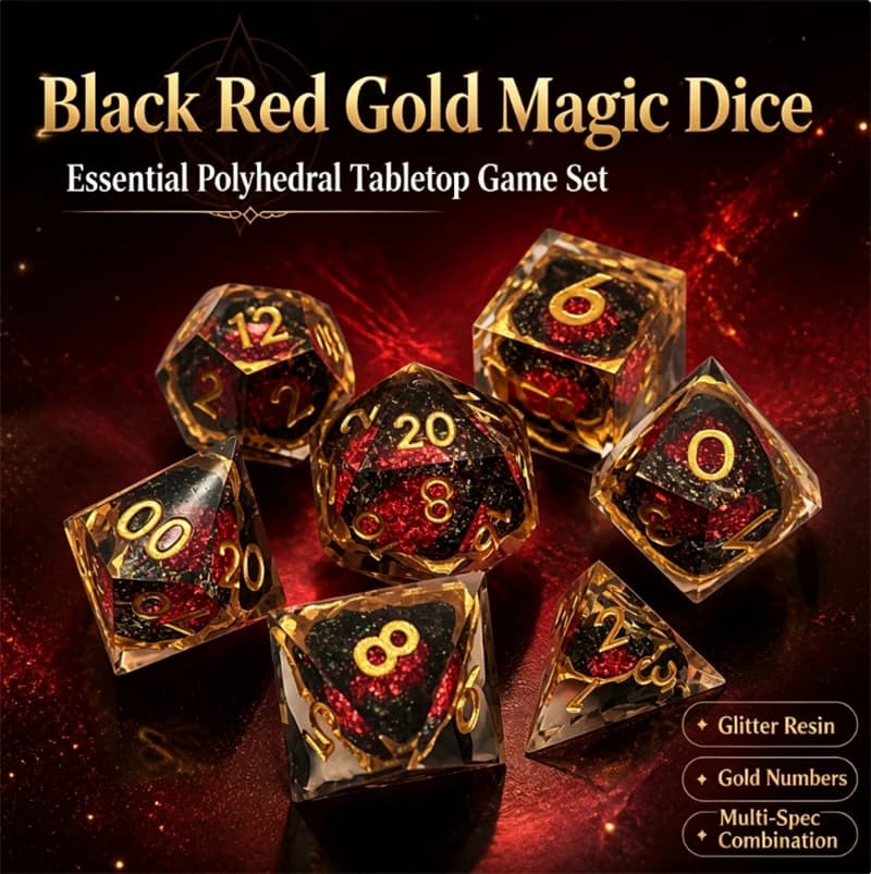 7-piece set of lava-shaped black and red glitter-filled resin polyhedral dice with gold numbers, transparent casing, board game dice, DND Dungeons & Dragons TRPG Cthulhu RPG props, player collectibles, board game gifts