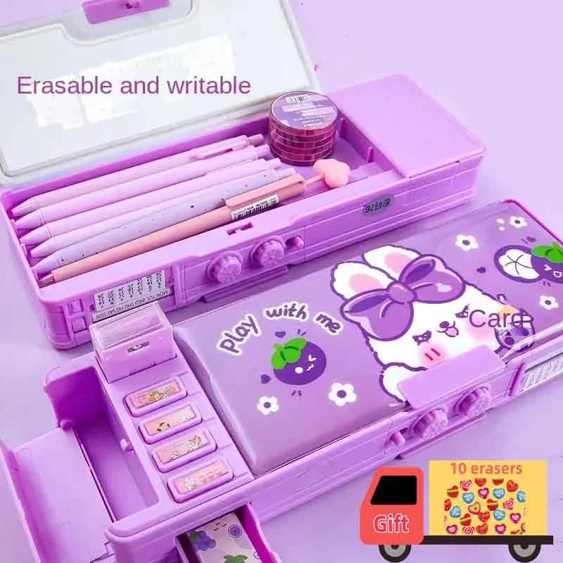 Scatola di cancelleria multifunzionale Smart Girl Blocco password Astuccio per matite ad alta tecnologia Ragazza Regalo per studenti primari a doppio strato 10 gomme