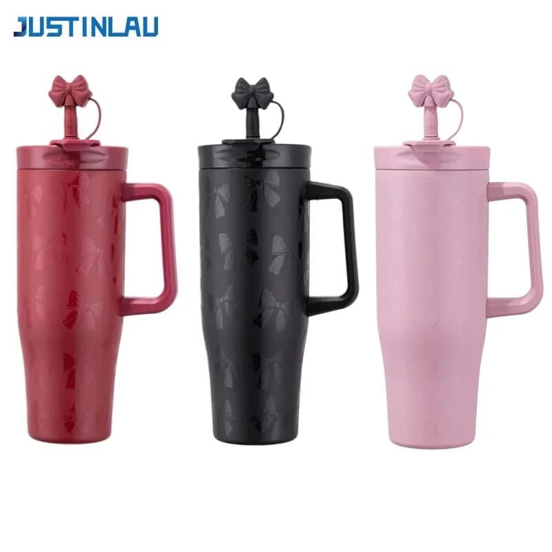 JUSTINLAU Tazze termiche da 1,2 litri con cannuccia, bottiglie termiche in acciaio inossidabile, borracce sottovuoto con decorazioni artistiche, mantengono caldo e freddo, tazza da viaggio per auto