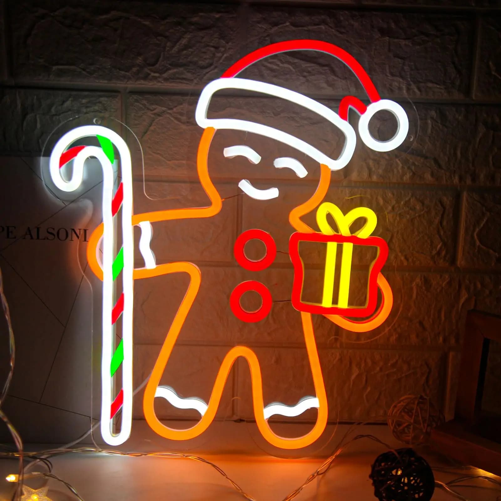 Insegna al neon a LED con omino di pan di zenzero per decorazioni da parete Luci natalizie dimmerabili Soggiorno Camera dei bambini Finestra per feste Regalo festivo