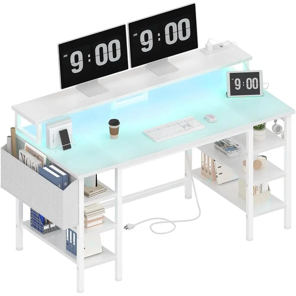 Scrivania bianca con ripiani portaoggetti - Scrivania da gaming per ufficio domestico da 47 pollici con supporto per monitor, scrivania per computer con luci LED e presa di corrente
