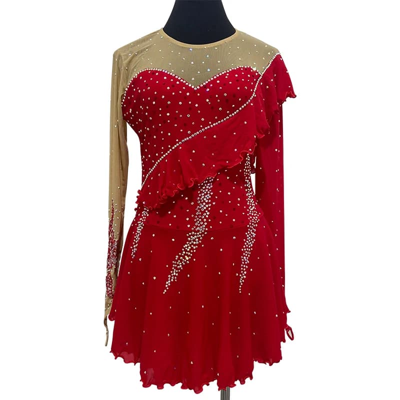Girls Women Figure Skating Costume Red Mesh Long Sleeve Ruffled Skirt Crystals Ice Dance Ballet Performance Dress