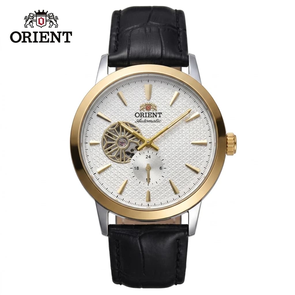 Japan Orient Men Business Automatic Mechanical Wristwatch, Skeleton Dial 24 Hour Small Second Waterproof Leather Strap Watch