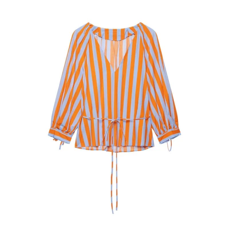 HipSeam Women's Striped Shirt with Belt New 2026 Autumn V-Neck Long Sleeve Woman Simple Shirts & Blouses Female Tops