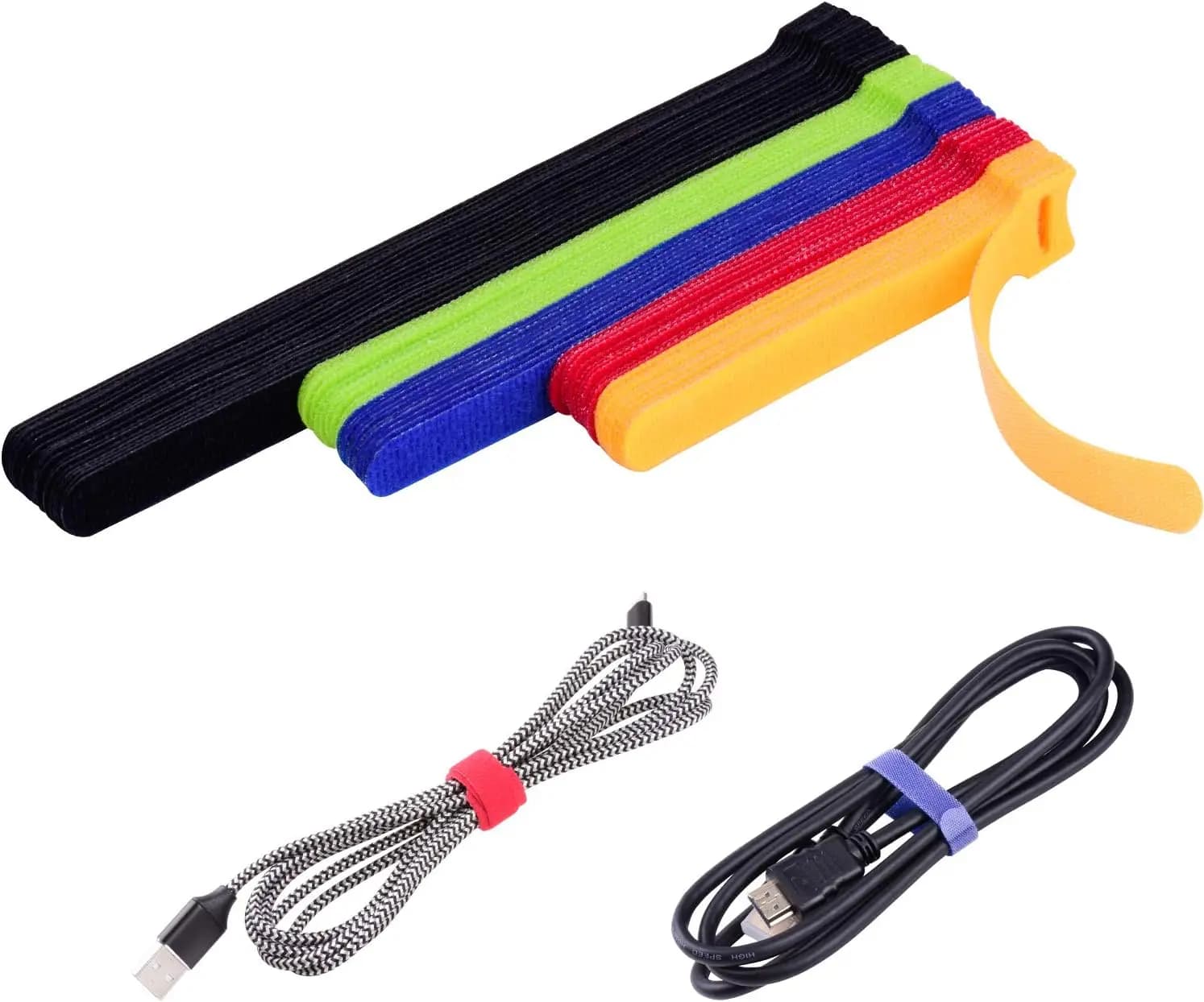 60 fascette fermacavi riutilizzabili con gancio e anello, organizer multiuso per cavi per computer/TV/elettronica, 3 misure, 5 colori