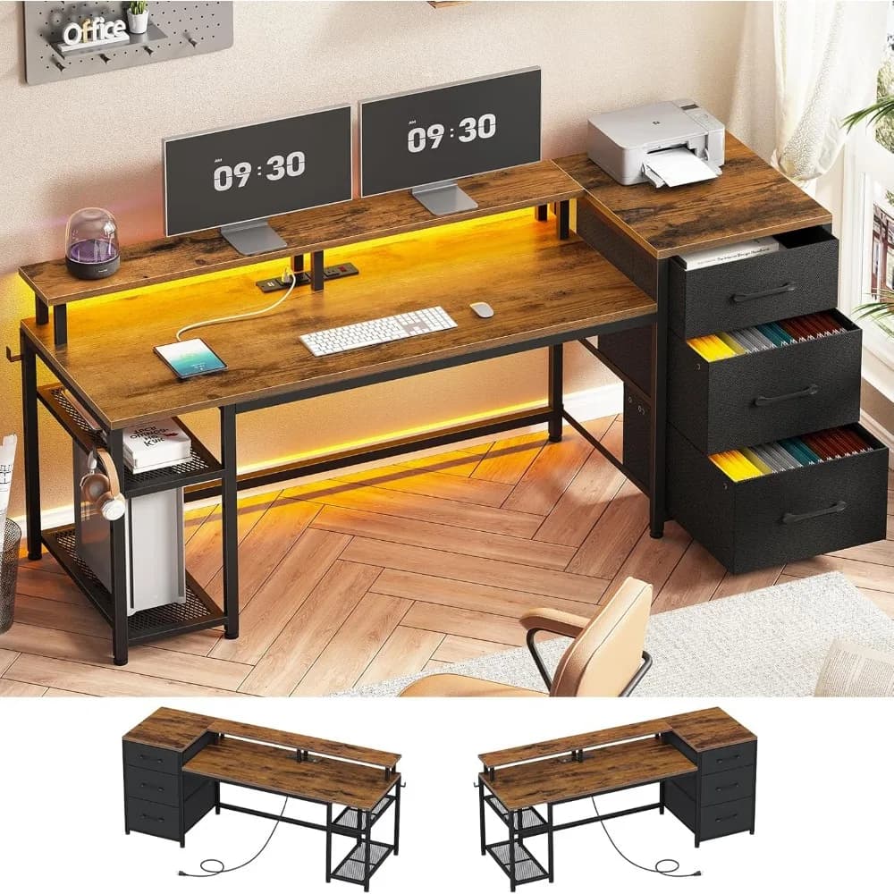59 Scrivania da ufficio con cassetti, scrivania per computer reversibile con cassetti e archiviazione, scrivania da gioco con luci LED e alimentazione