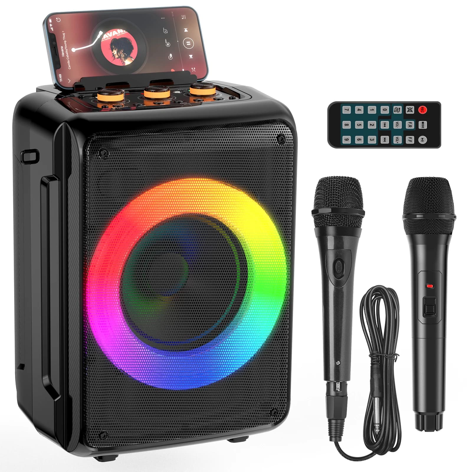 Macchina per karaoke, altoparlante Bluetooth portatile con 1 microfono wireless e 1 microfono cablato per adulti e bambini, ideale per feste