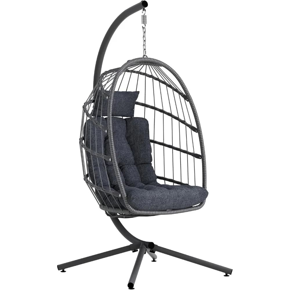 Outdoor Egg Chair with Stand, Indoor Hanging Egg Swing Chair with Cushion, 370lbs Capacity - Dark Grey
