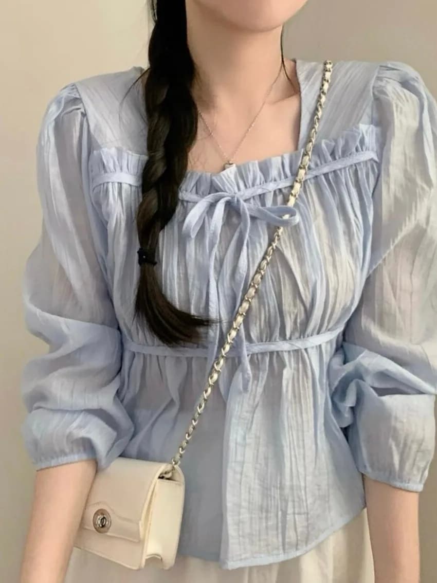 Chic Long Sleeve Women's Shirt Lace Trimming Gentle Style Meat Concealing Korean Loose Fit Seamless Fabric Lantern Sleeve
