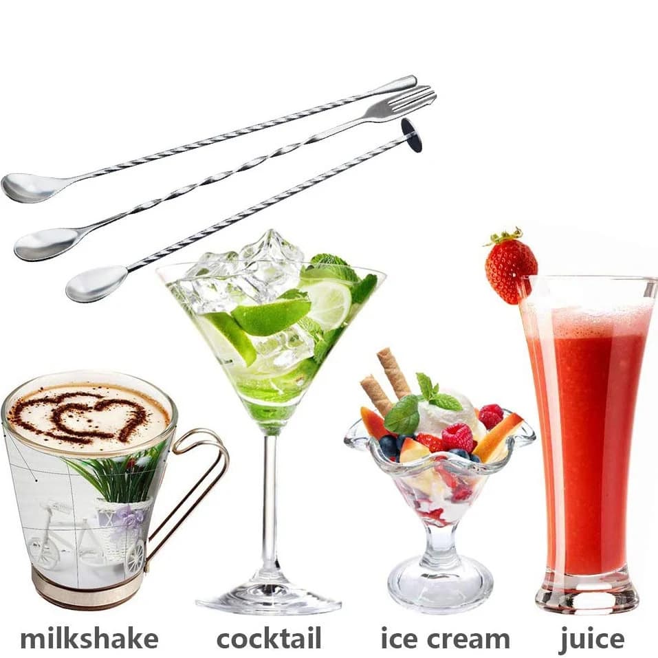 3 Pcs Extra Long Stainless Steel Mixing Spoons Spiral Pattern Bar Cocktail Shaker Spoon Barware Stirring Spoon For Tea Coffee Ic