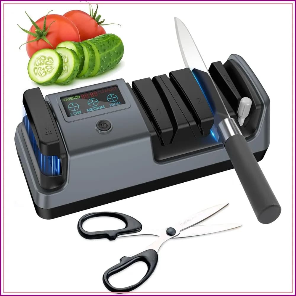 5-in-1 Electric Knife Sharpener, 3-Stage Diamond Abrasive, LCD Screen, Adjustable Speed, Quick Sharpening for All Kitchen Knives & Scissors