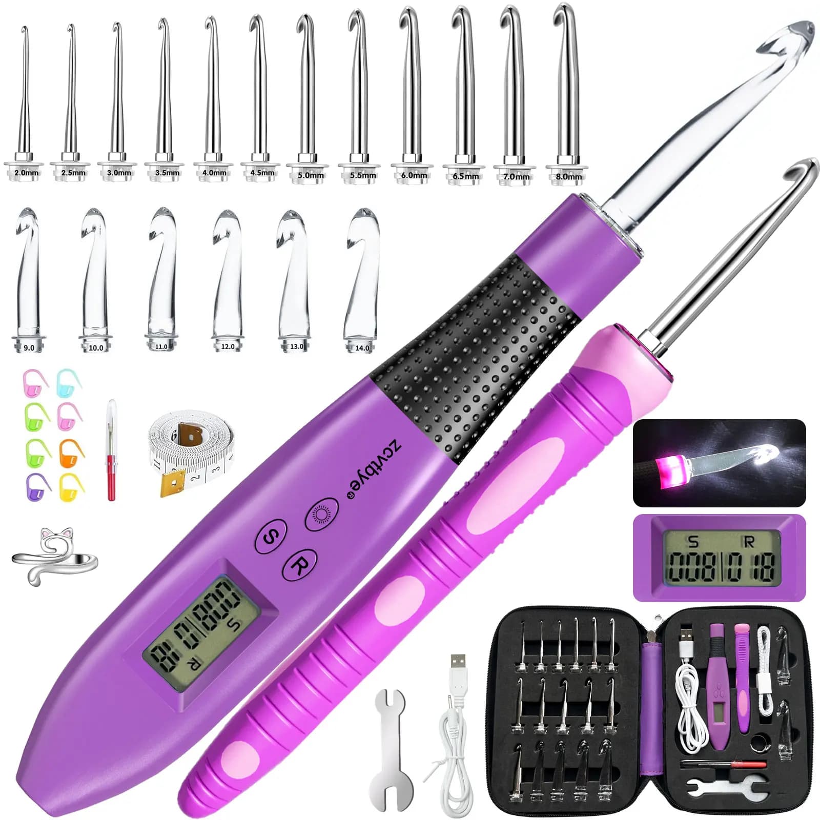18 pezzi set di uncinetti con luce a LED e contatore di punti e fila manico ergonomico digitale kit per maglieria strumento fai da te gancio per ago da maglia