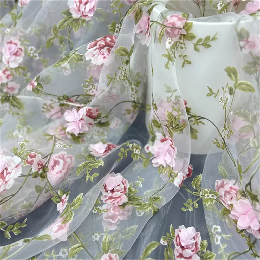 130cm Wide 3D Handmade Beaded Floral Fabric – Organza Branch Print & Chiffon Embroidered Lace in Pink and Blue for Dresses