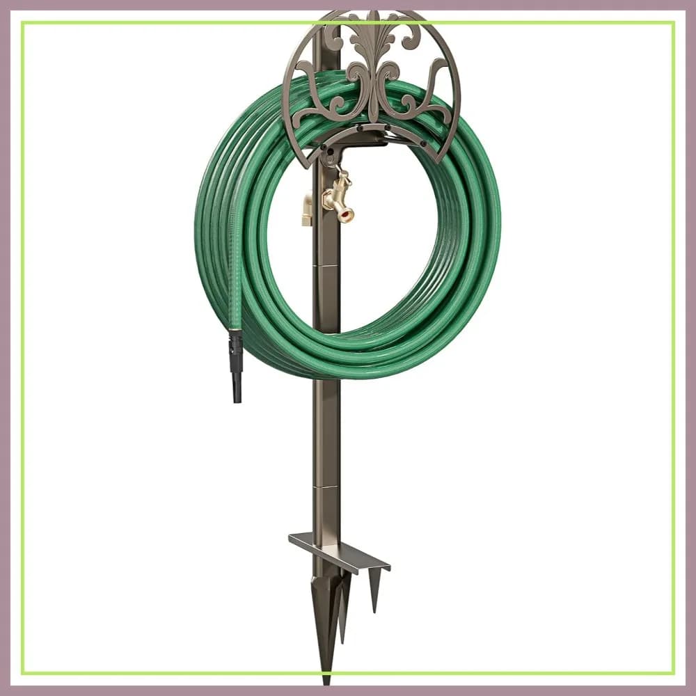 Supporto per Tubo da Giardino Resistente con Rubinetto in Ottone, Porta Tubo Autoportante in Metallo per Tubi da 45 Metri, Organizzazione per Patio e Prato