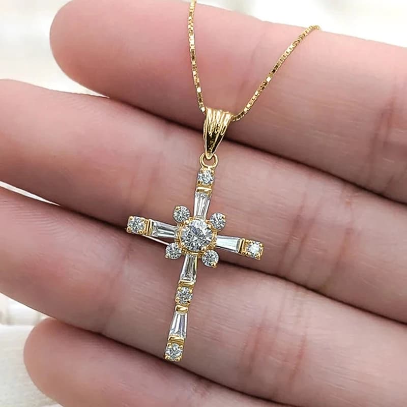 Huitan Fashionable Cross Pendant Necklace for Women Brilliant Cubic Zirconia Luxury Wedding Accessories Exquisite Neck Jewelry