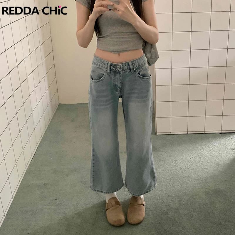 ReddaChic Do Old Flared Cropped Jeans Women Versatile Cleanfit Loose Wide Leg Low Rise Denim Bermuda Pants Minimalist Streetwear