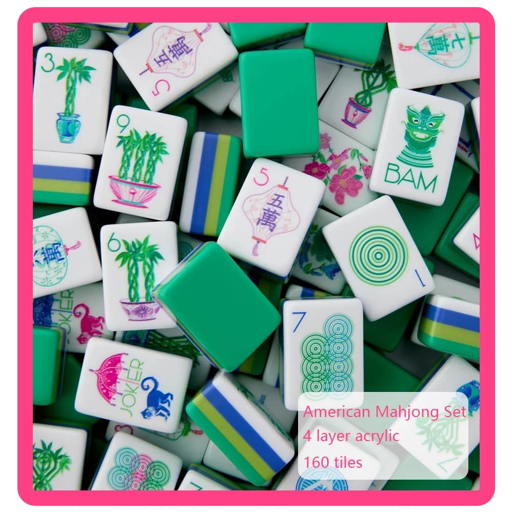 Four Layer Acrylic Engraved American Mahjong Tiles Green Luxury Modern Mahjong Sets for Family Entertainment MahJong