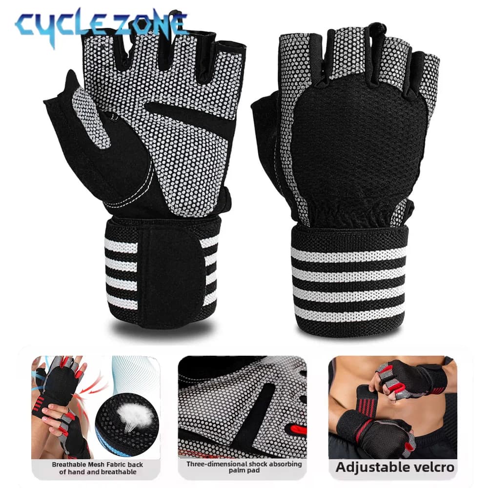 1 Pair Half Finger Gym Fitness Gloves with Wrist Wrap Support for Men Women Crossfit Workout Power Weight Lifting Equipment