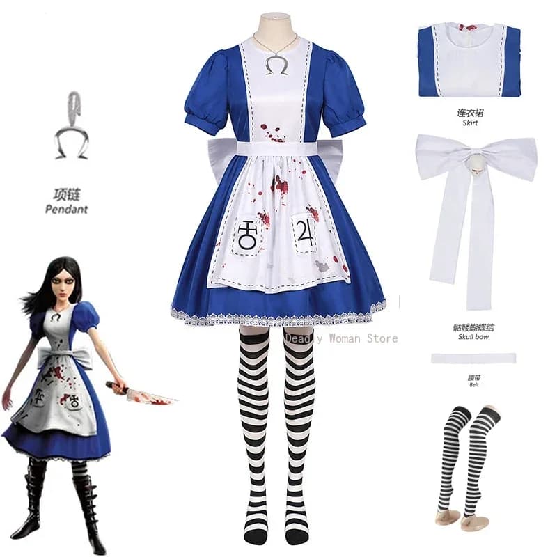 Disponibile XS-XL Alice Madness Returns Cosplay Collana Parrucca Calzini Abito da Cameriera Alice Costume per Festa di Halloween per Donne
