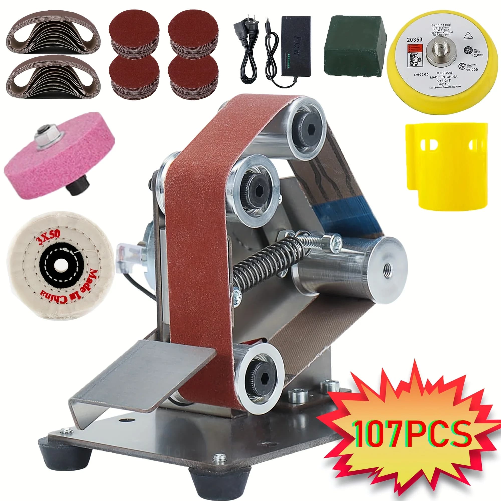 107 pezzi di mini levigatrice a nastro 3 in 1, adatta per artigianato fai-da-te in metallo e legno, utensili e coltelli (con kit)
